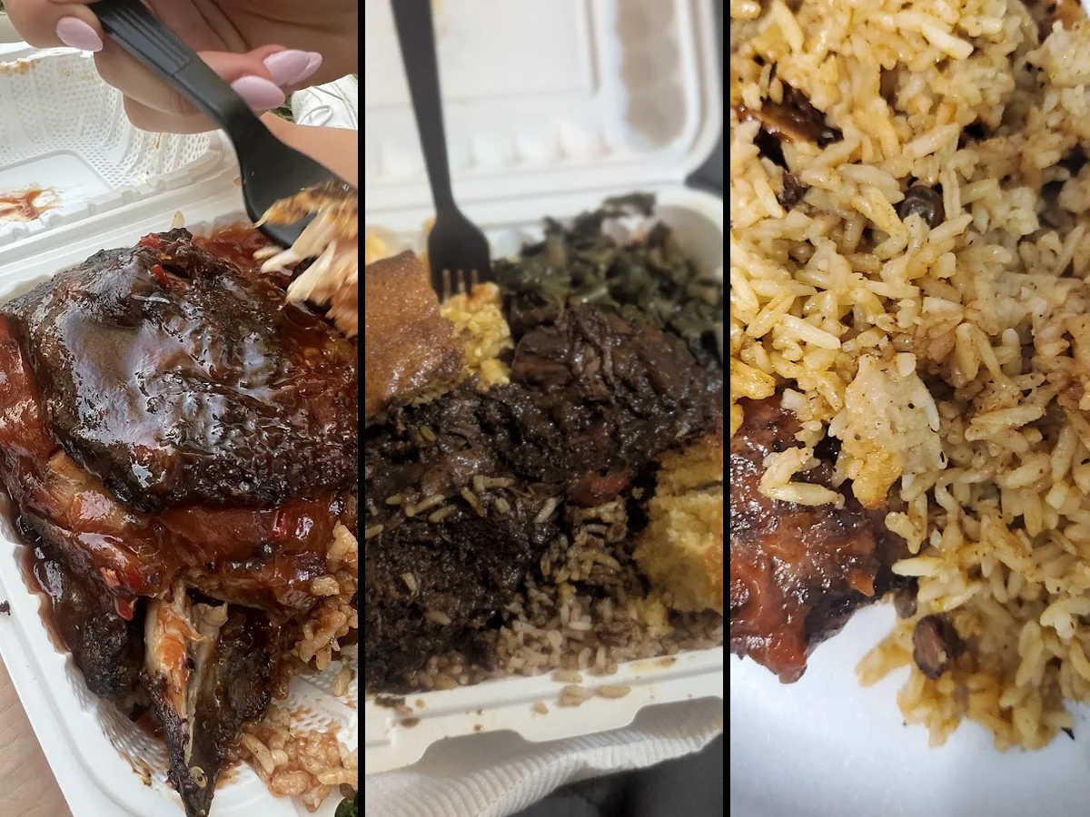 Plates of Jamaican comfort food on a simple table.