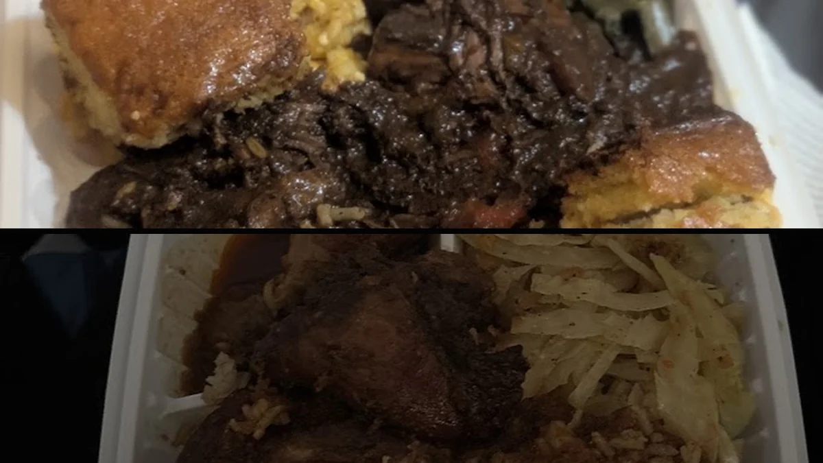 Plates of Jamaican comfort food on a simple table.