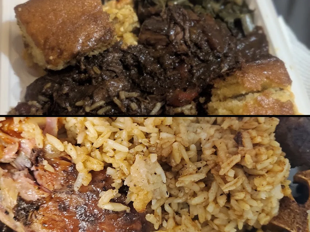 Plates of Jamaican comfort food on a simple table.